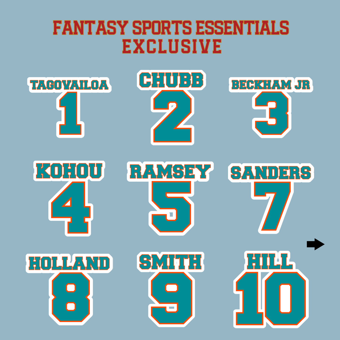 Fantasy Sports Essentials Exclusive Miami Dolphins 2024 Name and Number Matte Stickers Page 1