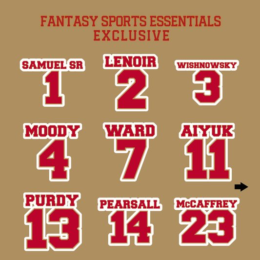 Fantasy Sports Essentials Exclusive San Francisco 49ers 2024 Name and Number Glossy Stickers Page 1