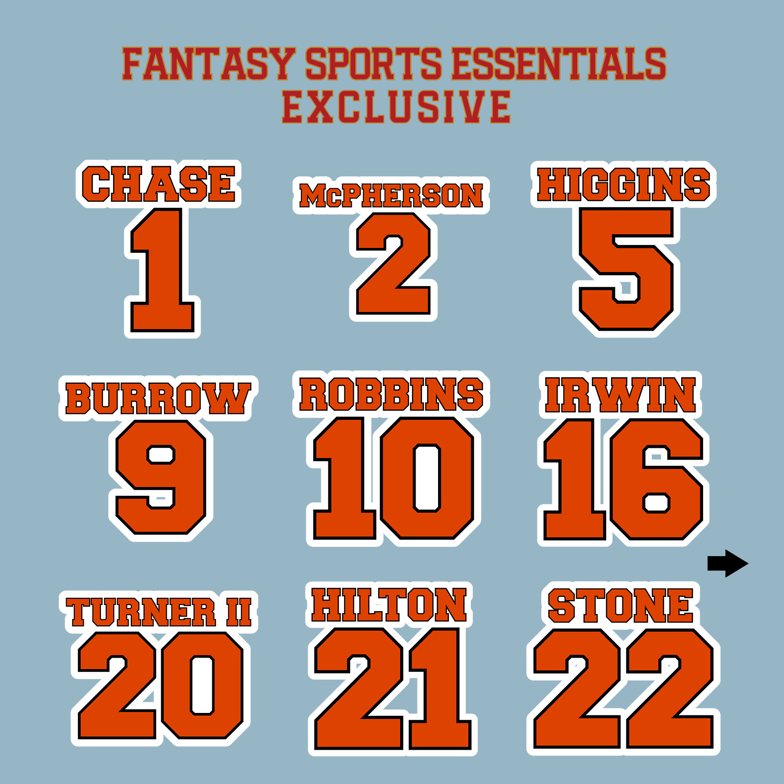 Fantasy Sports Essentials Exclusive Cincinnati Bengals 2024 Name and Number Matte Stickers Page 1