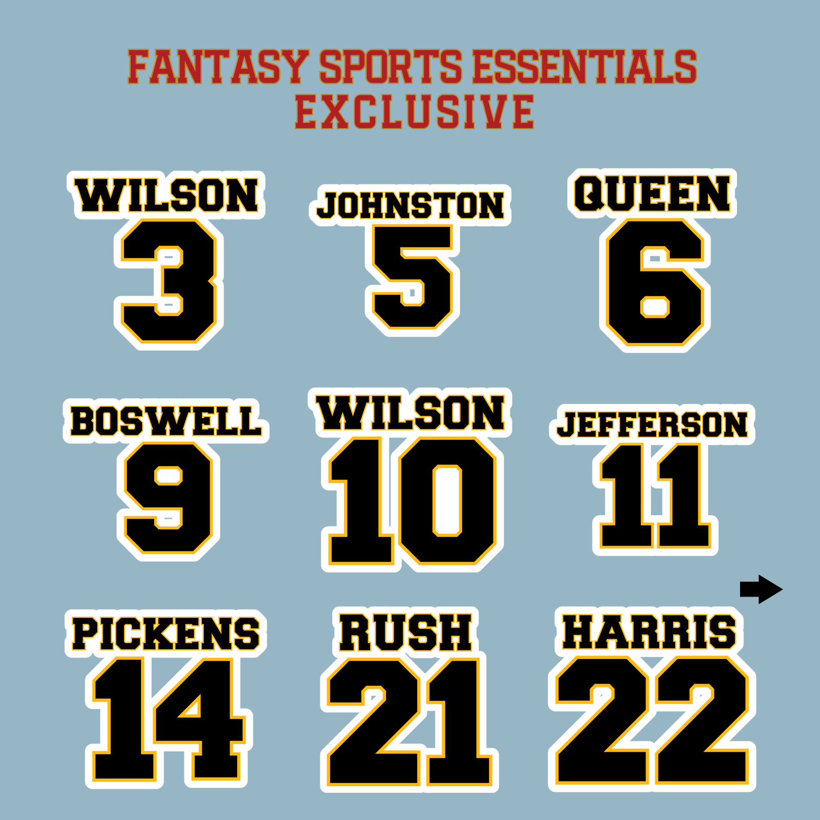 Fantasy Sports Essentials Exclusive Pittsburgh Steelers 2024 Name and Number Matte Stickers Page 1