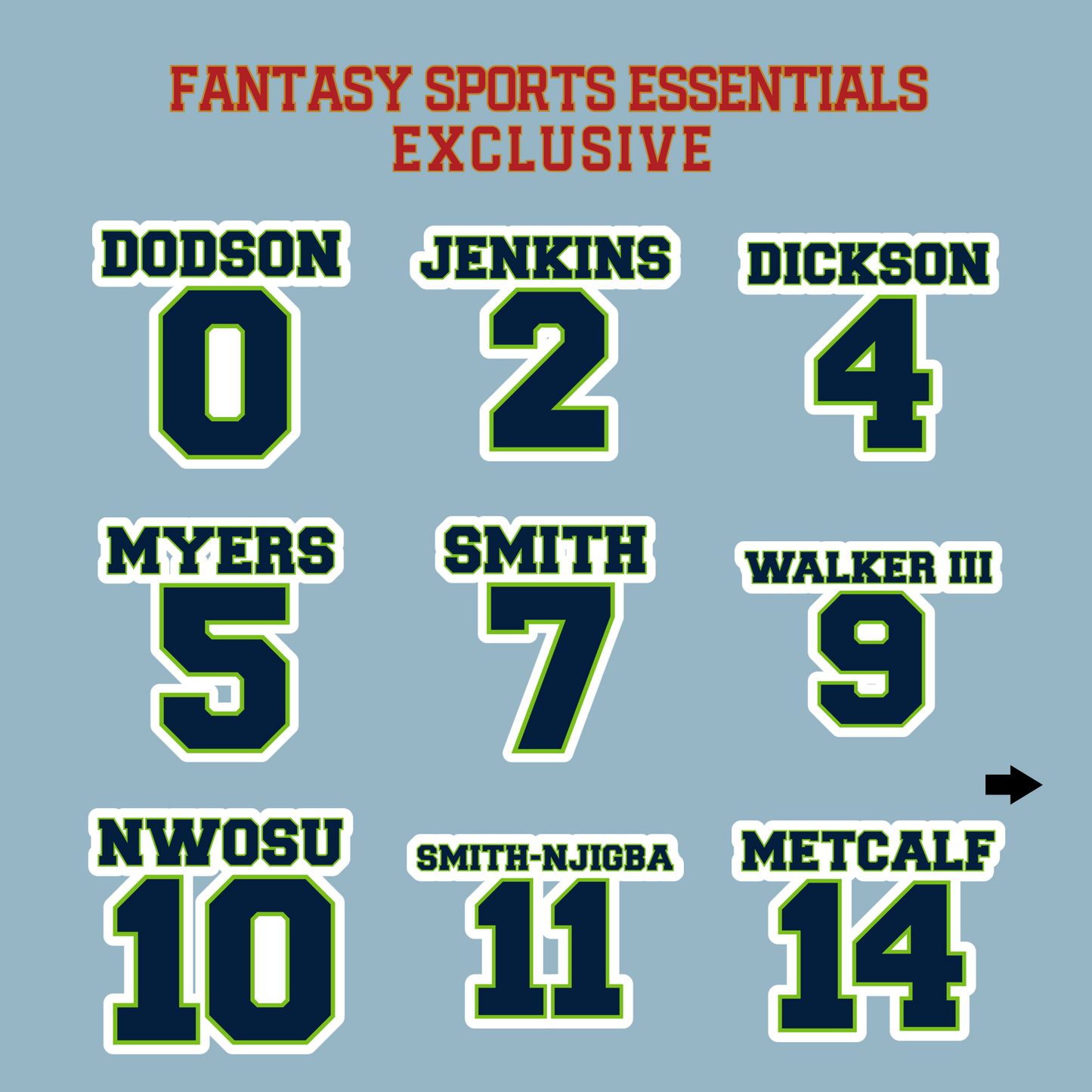 Fantasy Sports Essentials Exclusive Seattle Seahawks 2024 Name and Number Matte Stickers Page 1