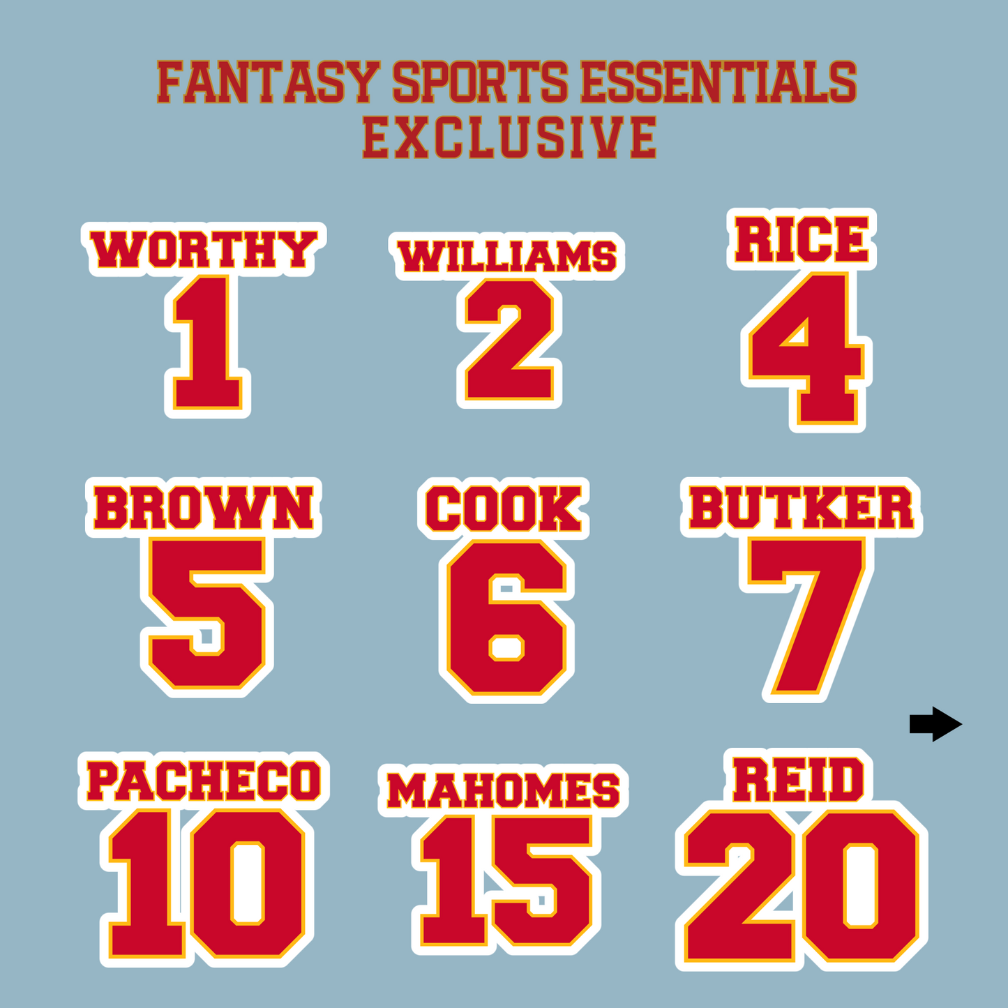 Fantasy Sports Essentials Exclusive Kansas City Chiefs 2024 Name and Number Matte Stickers Page 1