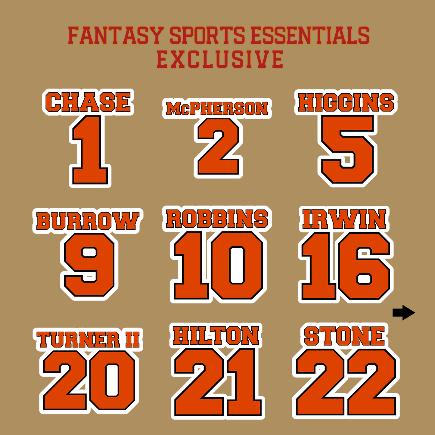 Fantasy Sports Essentials Exclusive Cincinnati Bengals 2024 Name and Number Glossy Stickers Page 1