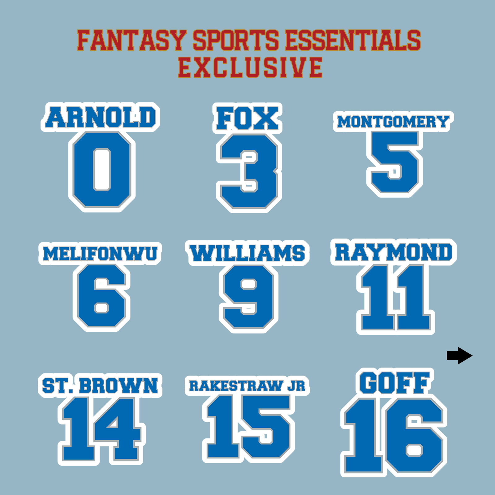 Fantasy Sports Essentials Exclusive Detroit Lions 2024 Name and Number Matte Stickers Page 1