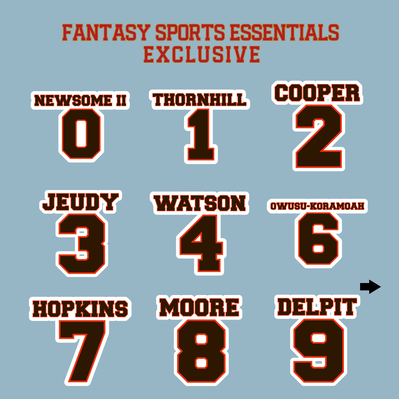 Fantasy Sports Essentials Exclusive Cleveland Browns 2024 Name and Number Matte Stickers Page 1