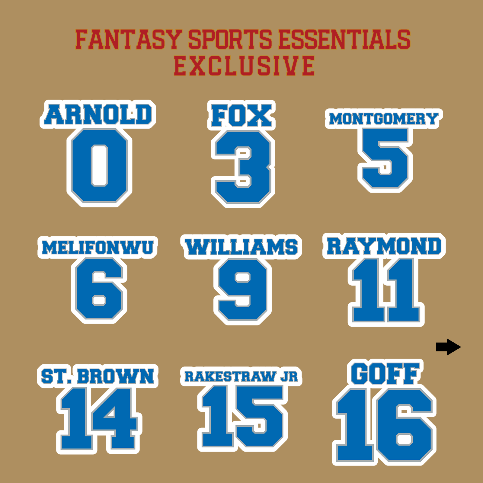 Fantasy Sports Essentials Exclusive Detroit Lions 2024 Name and Number Glossy Stickers Page 1