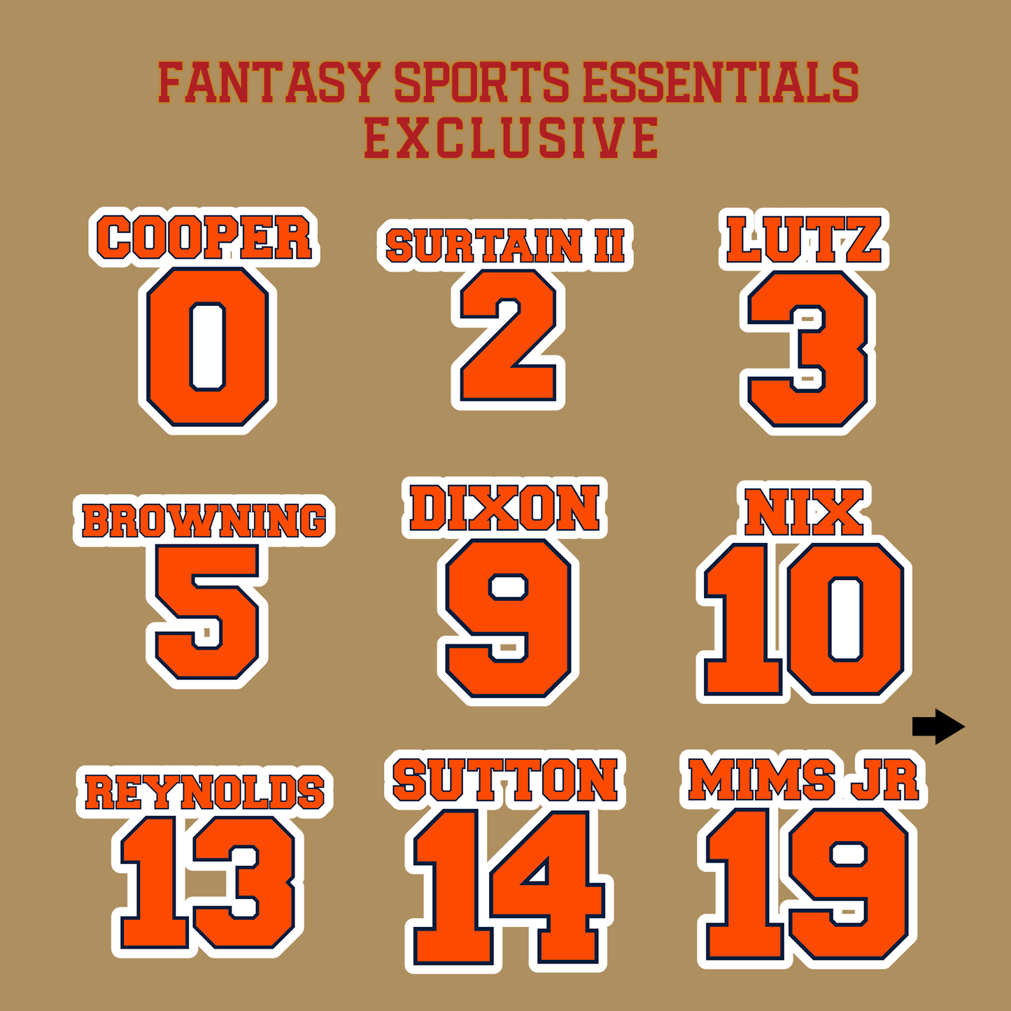 Fantasy Sports Essentials Exclusive Denver Broncos 2024 Name and Number Glossy Stickers Page 1