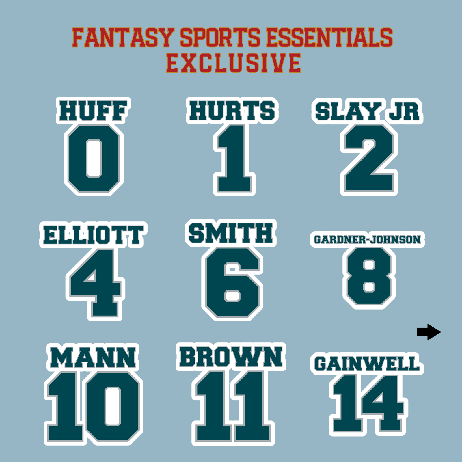 Fantasy Sports Essentials Exclusive Philadelphia Eagles 2024 Name and Number Matte Stickers Page 1