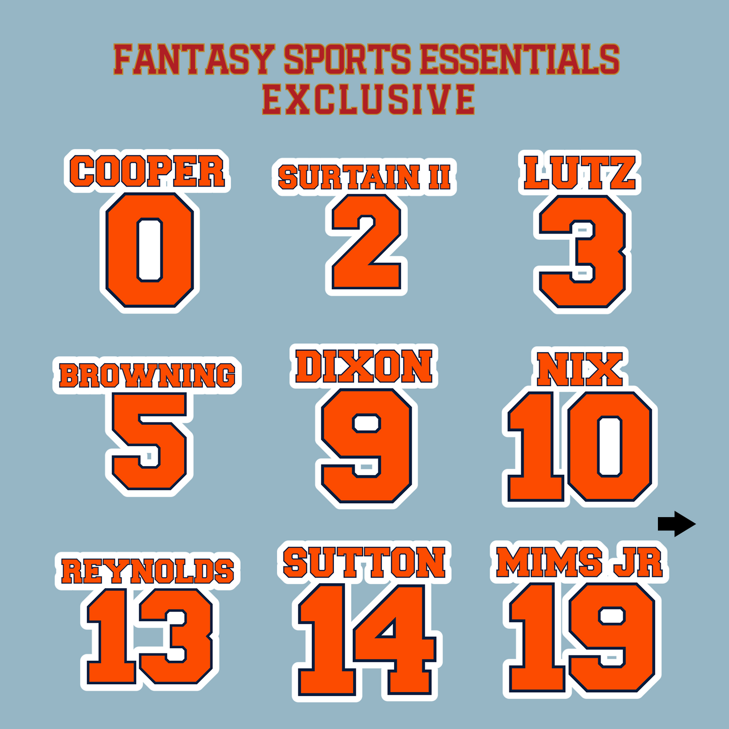 Fantasy Sports Essentials Exclusive Denver Broncos 2024 Name and Number Matte Stickers Page 1