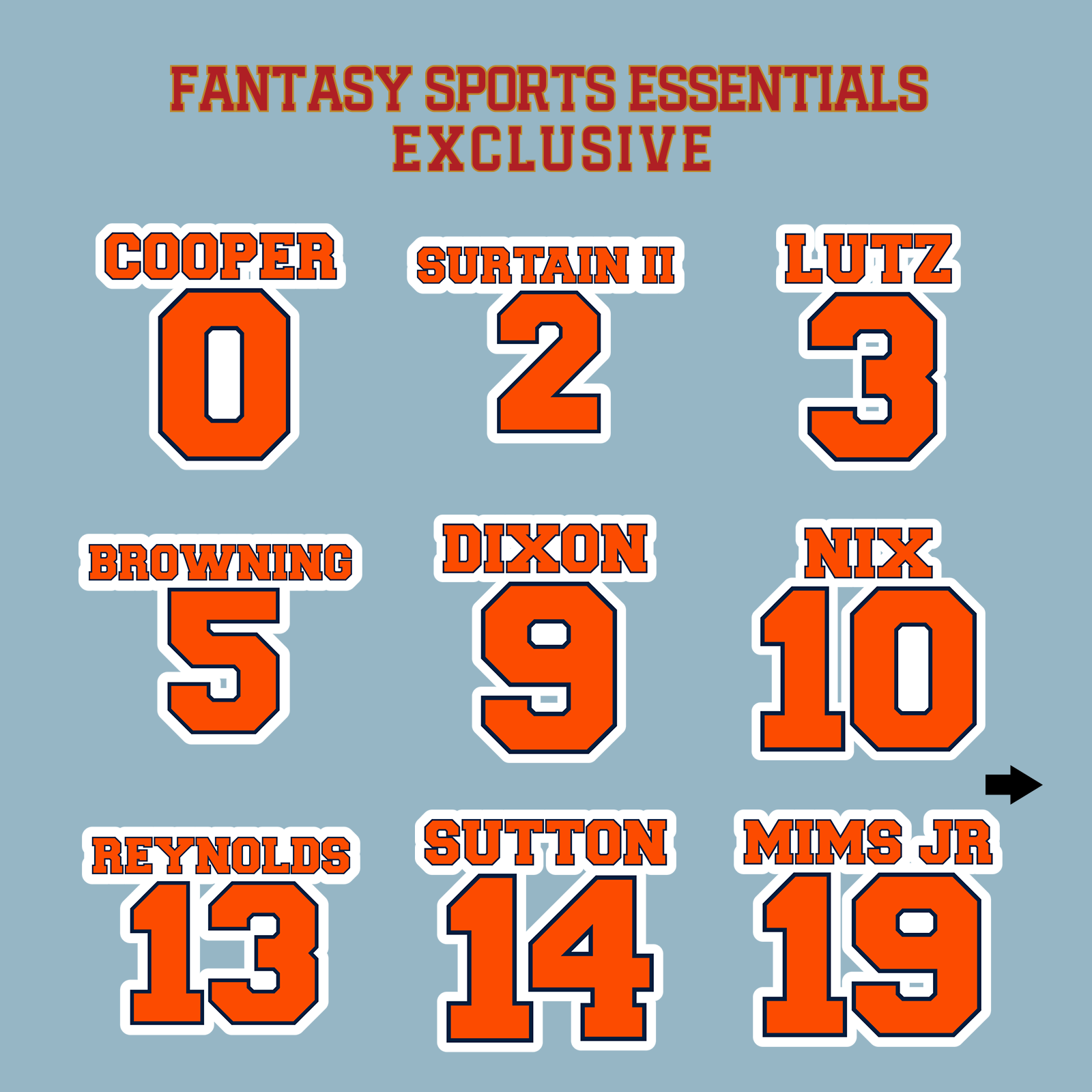 Fantasy Sports Essentials Exclusive Denver Broncos 2024 Name and Number Matte Stickers Page 1