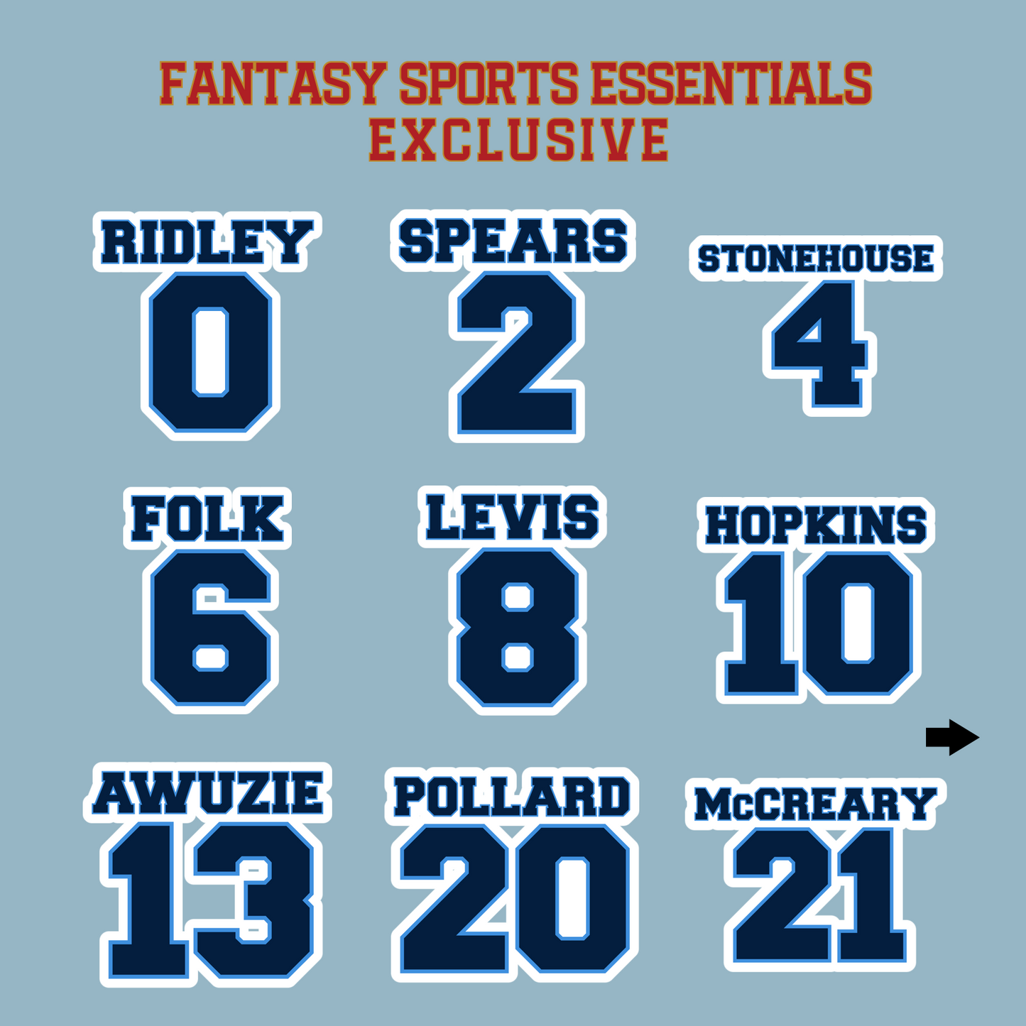 Fantasy Sports Essentials Exclusive Tennessee Titans 2024 Name and Number Matte Stickers Page 1