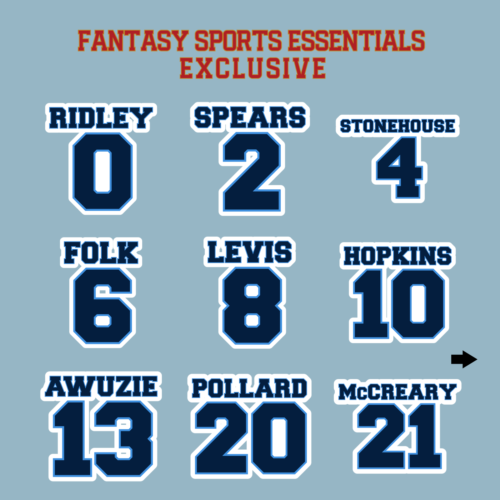 Fantasy Sports Essentials Exclusive Tennessee Titans 2024 Name and Number Matte Stickers Page 1