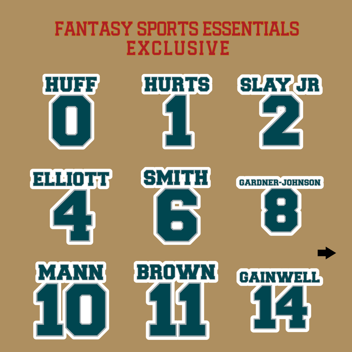 Fantasy Sports Essentials Exclusive Philadelphia Eagles 2024 Name and Number Glossy Stickers Page 1