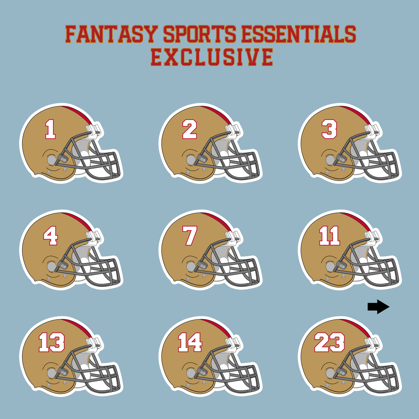 Fantasy Sports Essentials Exclusive San Francisco 49ers 2024 Helmet Matte Stickers Page 1