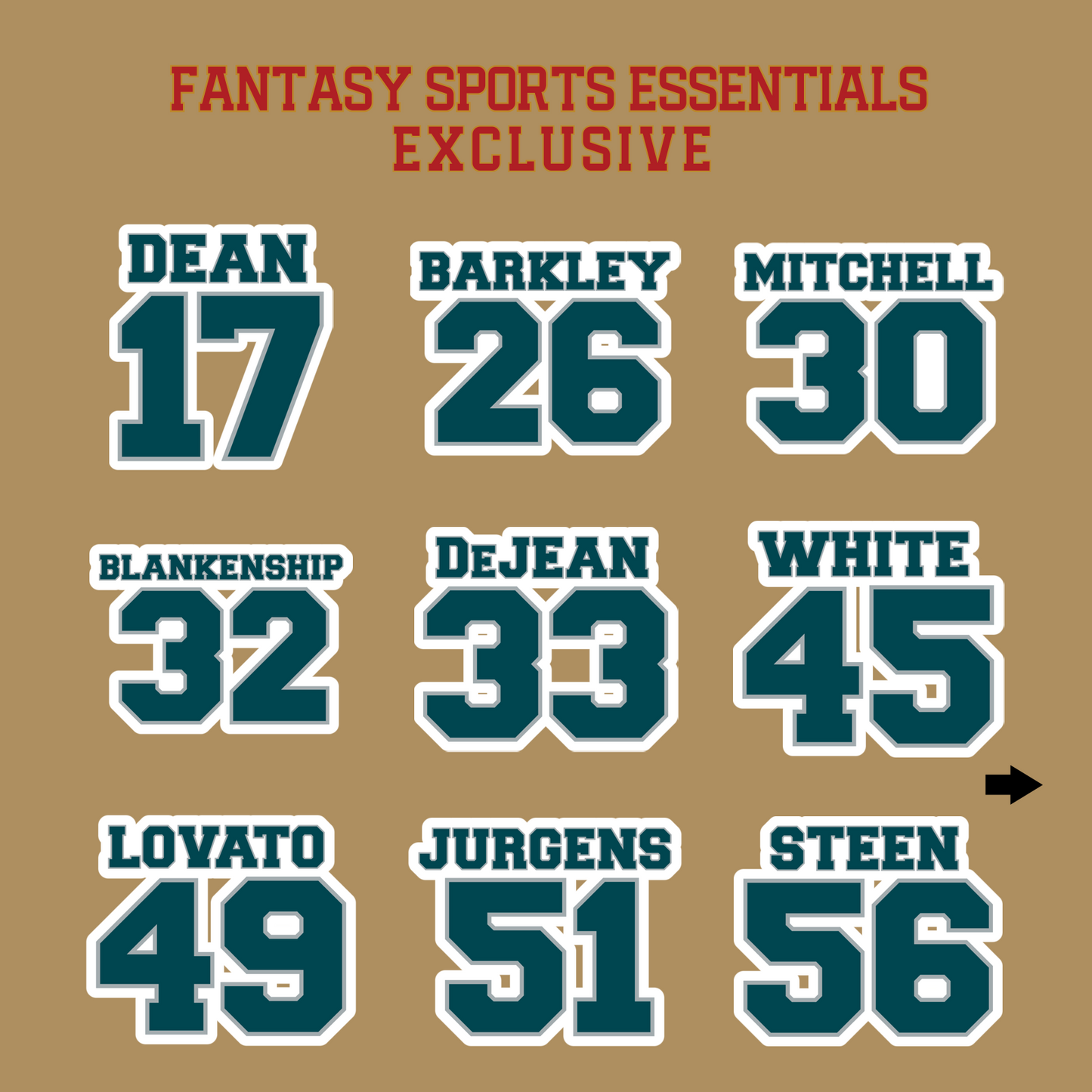 Fantasy Sports Essentials Exclusive Philadelphia Eagles 2024 Name and Number Glossy Stickers Page 2