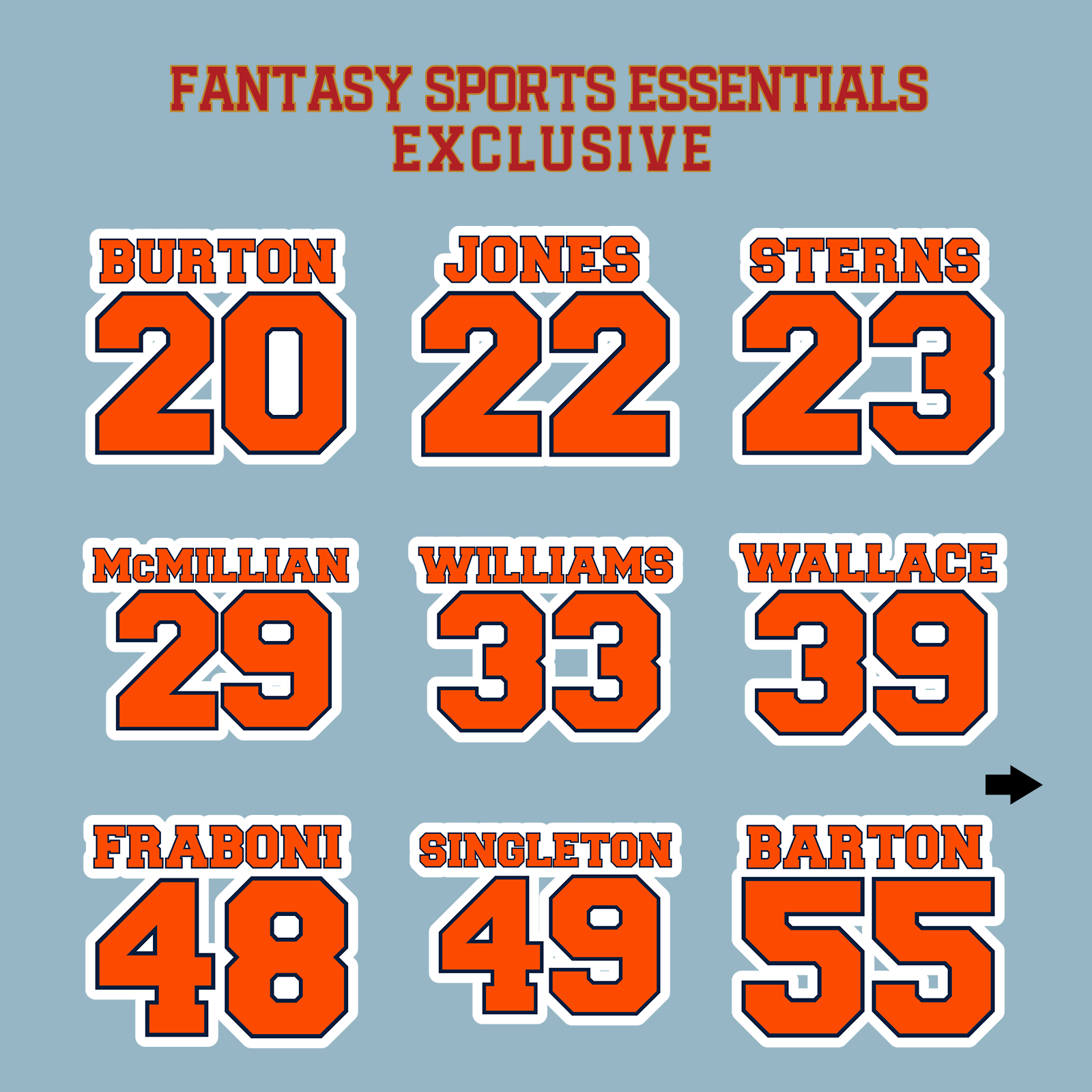 Fantasy Sports Essentials Exclusive Denver Broncos 2024 Name and Number Matte Stickers Page 2