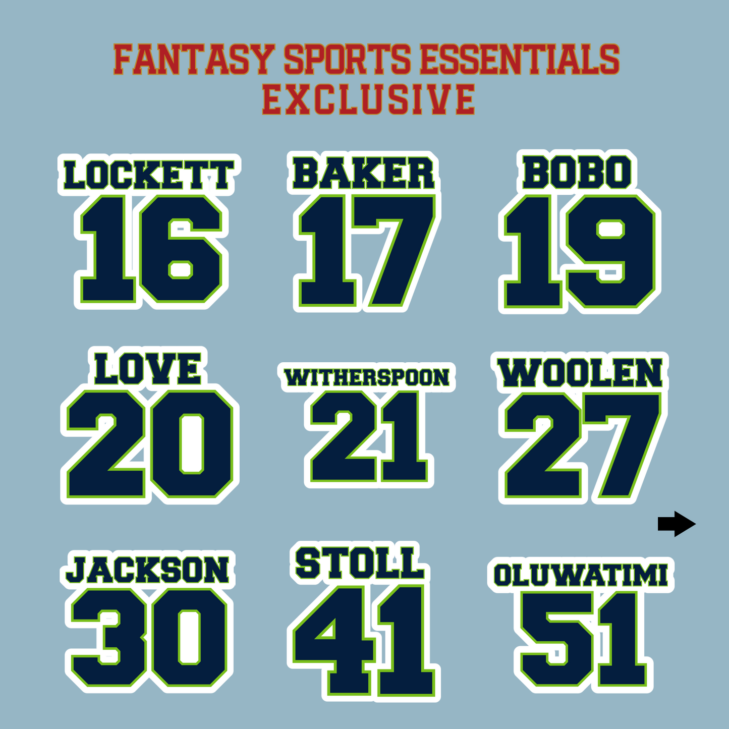 Fantasy Sports Essentials Exclusive Seattle Seahawks 2024 Name and Number Matte Stickers Page 2