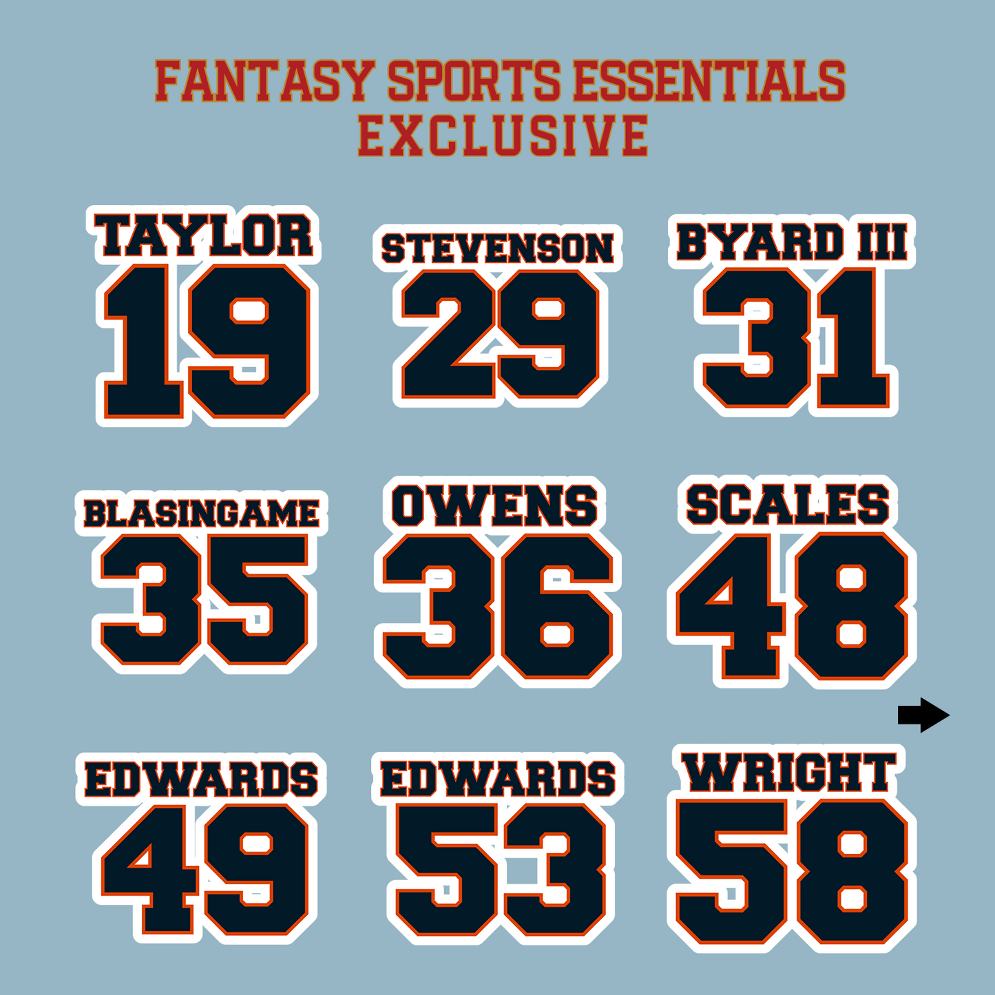 Fantasy Sports Essentials Exclusive Chicago Bears 2024 Name and Number Matte Stickers Page 2