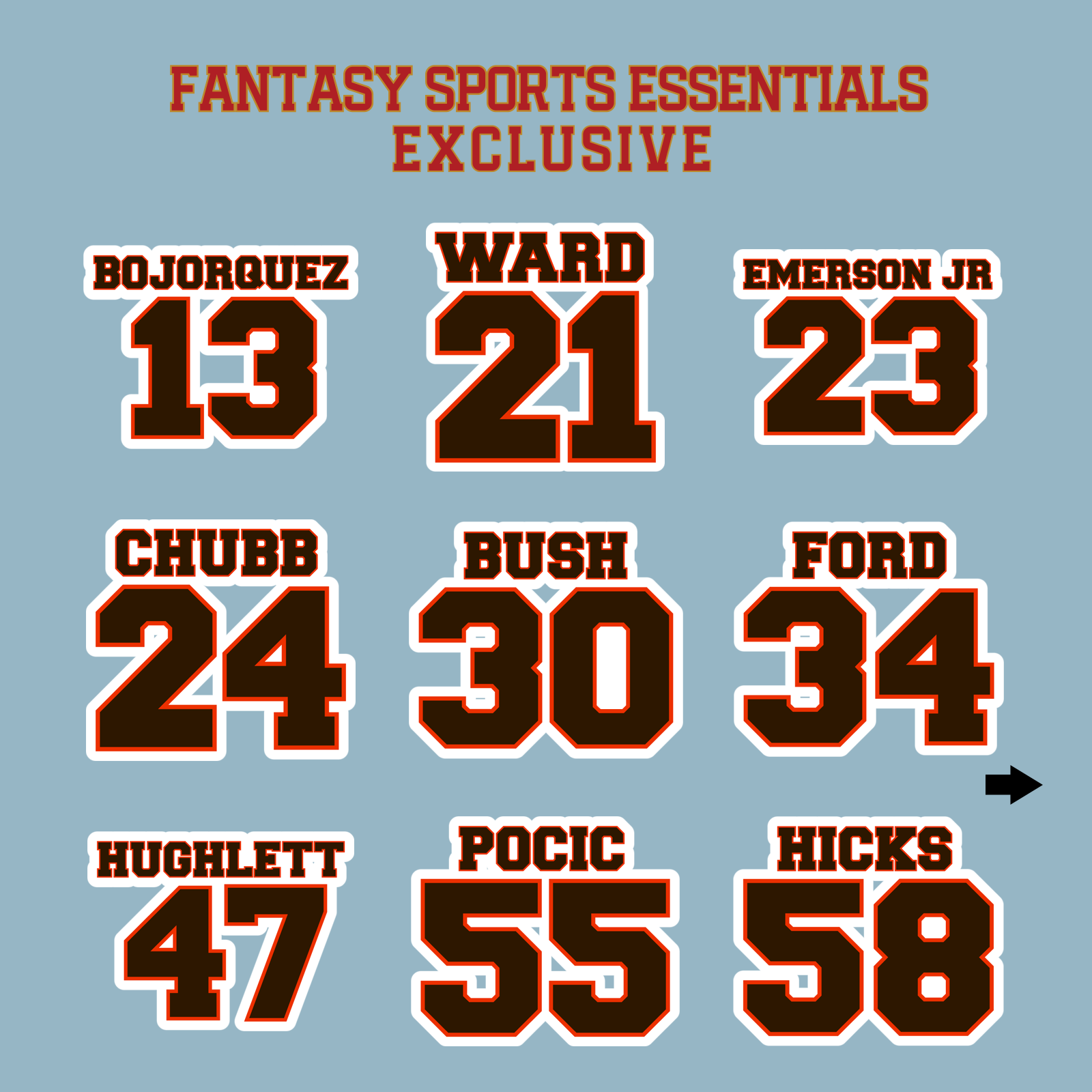 Fantasy Sports Essentials Exclusive Cleveland Browns 2024 Name and Number Matte Stickers Page 2