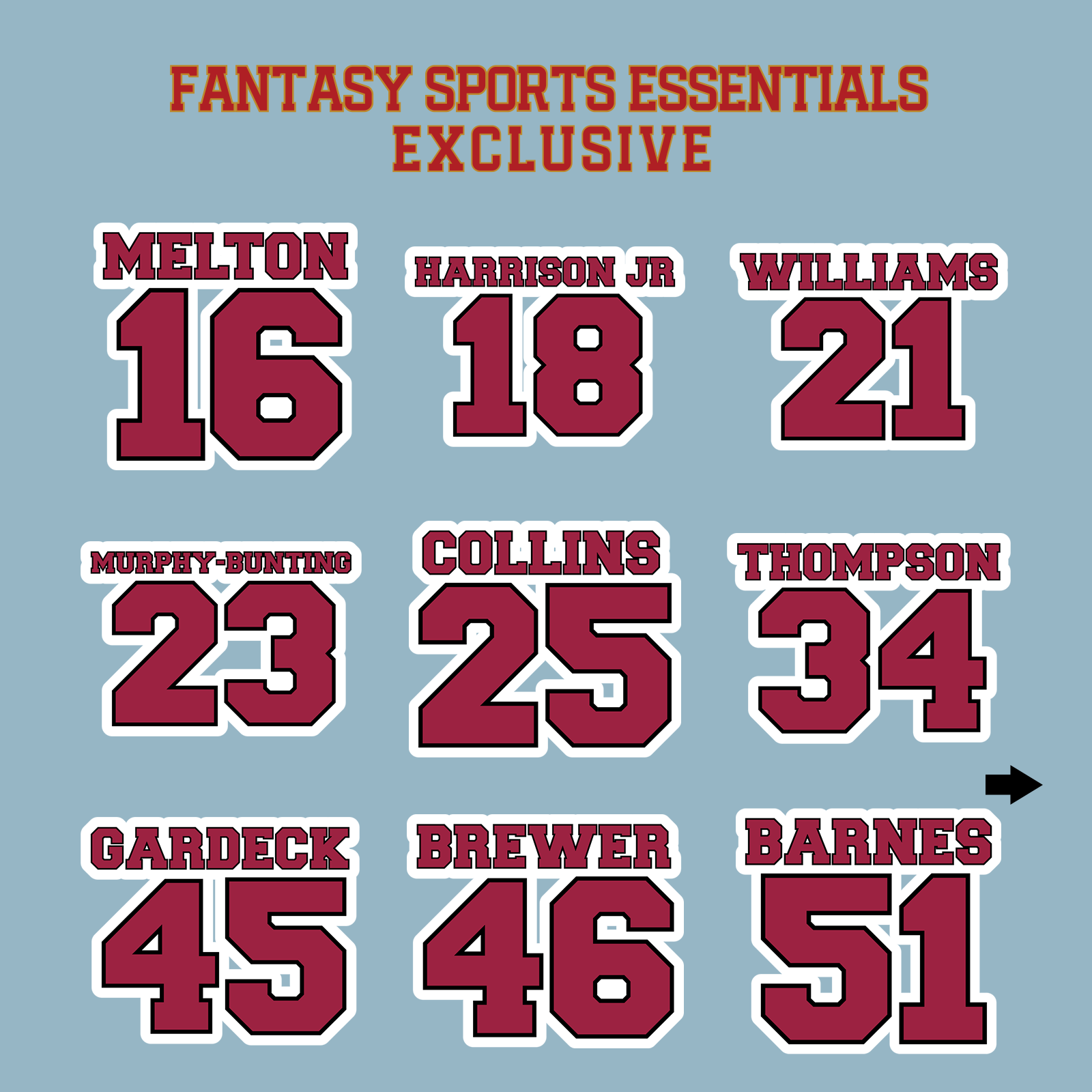 Fantasy Sports Essentials Exclusive Arizona Cardinals 2024 Name and Number Matte Stickers Page 2