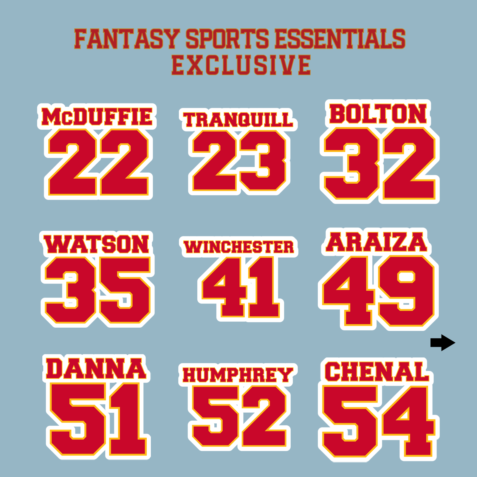 Fantasy Sports Essentials Exclusive Kansas City Chiefs 2024 Name and Number Matte Stickers Page 2