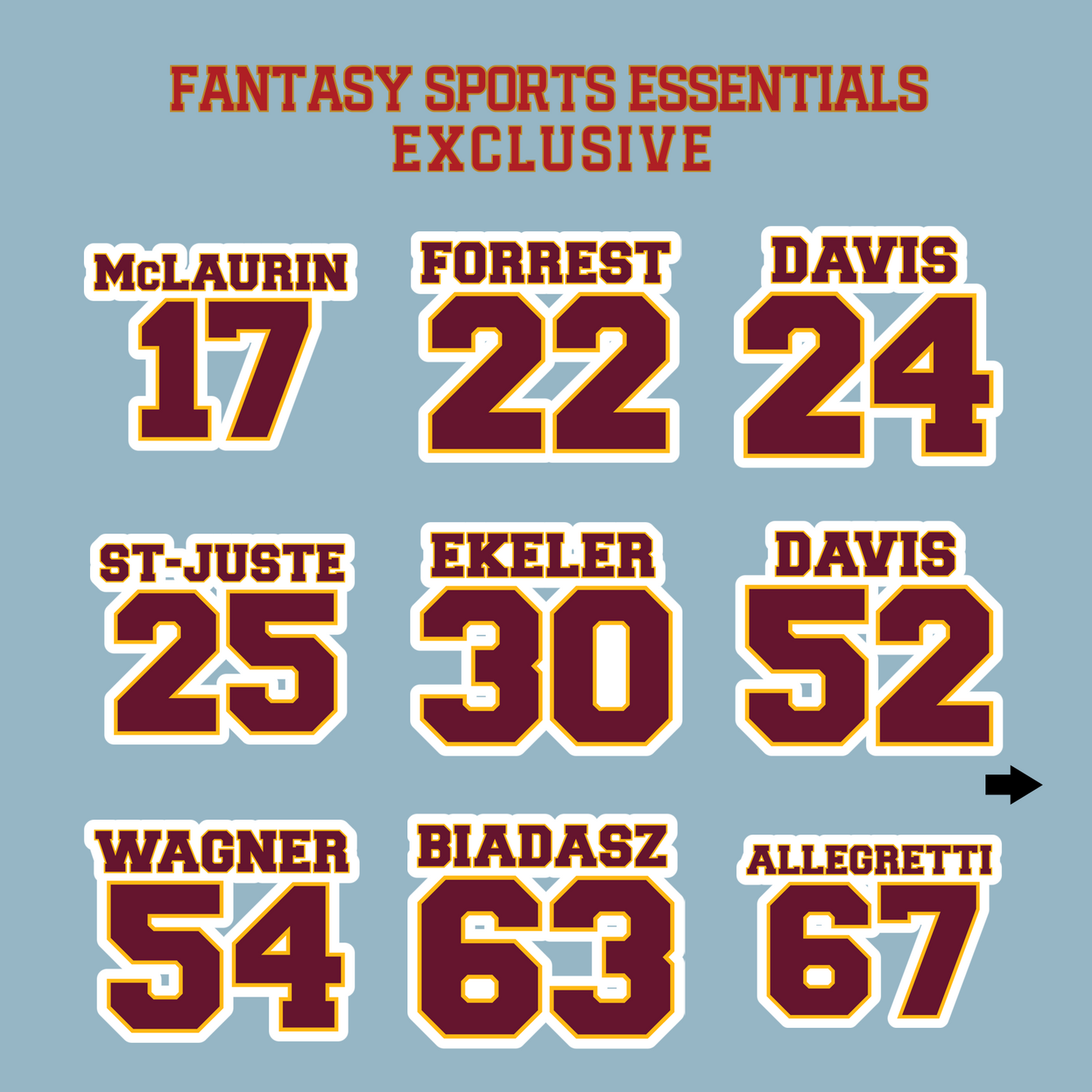 Fantasy Sports Essentials Exclusive Washington Commanders 2024 Name and Number Matte Stickers Page 2