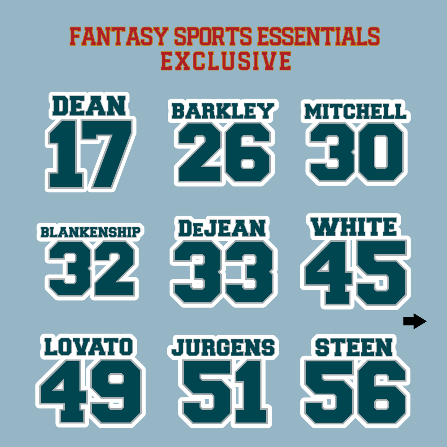 Fantasy Sports Essentials Exclusive Philadelphia Eagles 2024 Name and Number Matte Stickers Page 2