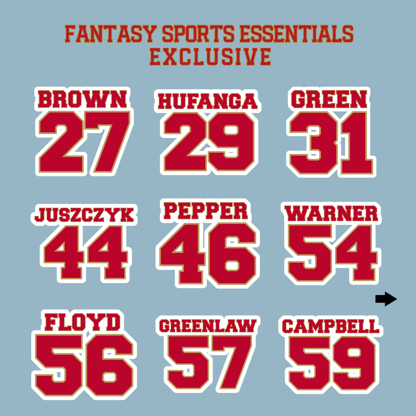 Fantasy Sports Essentials Exclusive San Francisco 49ers 2024 Name and Number Matte Stickers Page 2