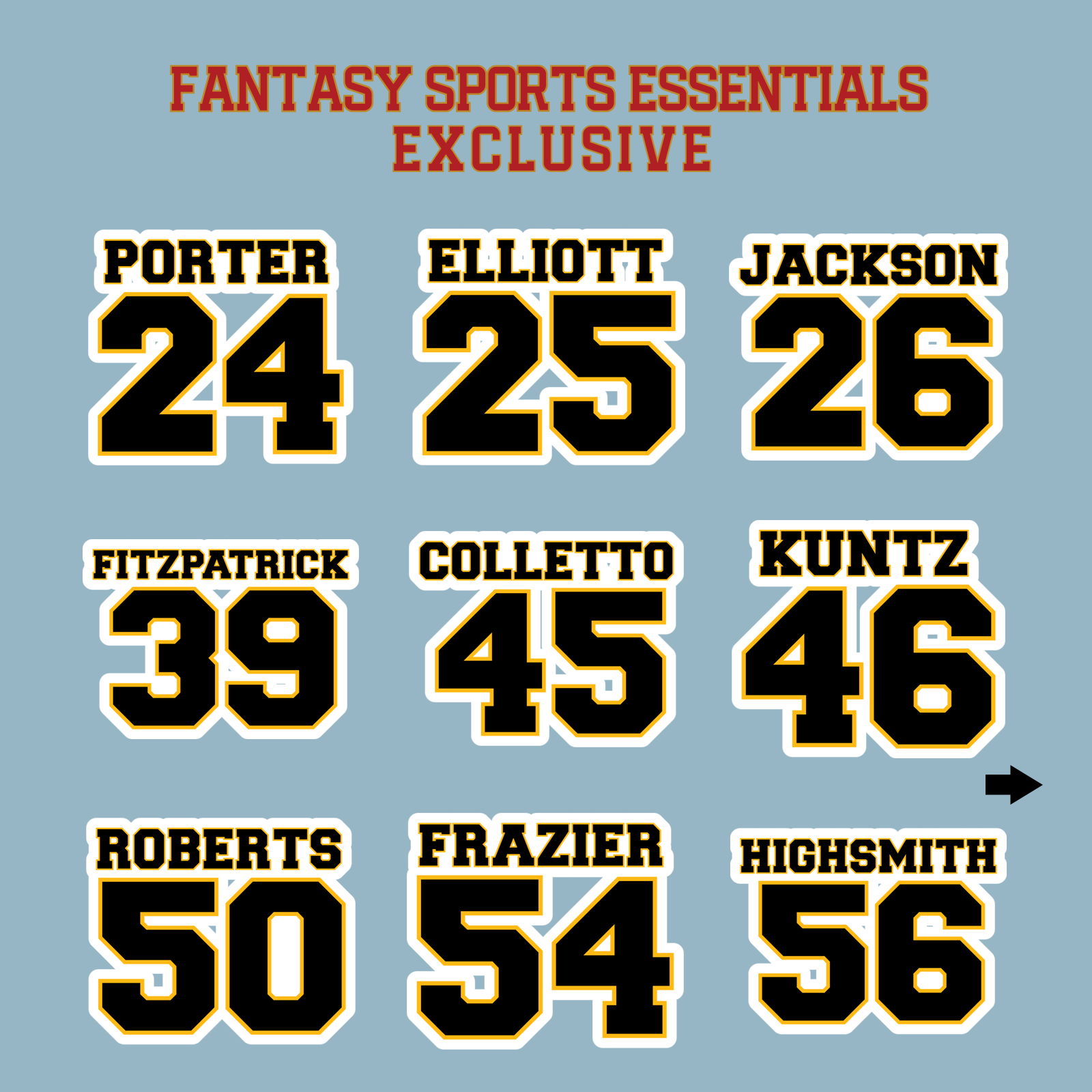 Fantasy Sports Essentials Exclusive Pittsburgh Steelers 2024 Name and Number Matte Stickers Page 2