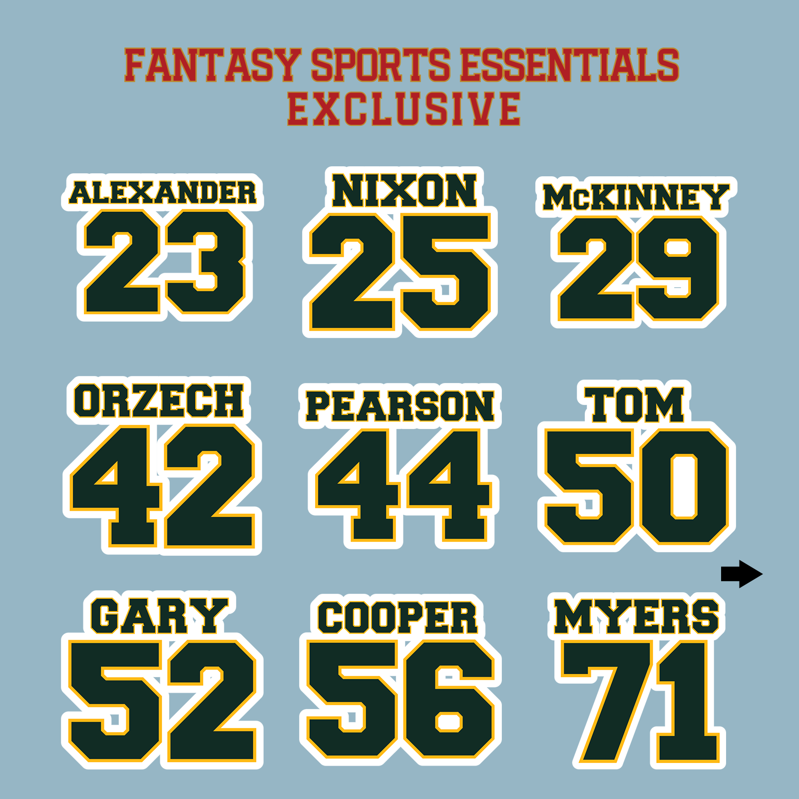 Fantasy Sports Essentials Exclusive Green Bay Packers 2024 Name and Number Matte Stickers Page 2