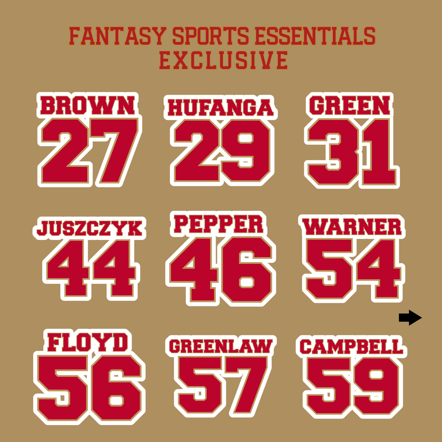 Fantasy Sports Essentials Exclusive San Francisco 49ers 2024 Name and Number Glossy Stickers Page 2