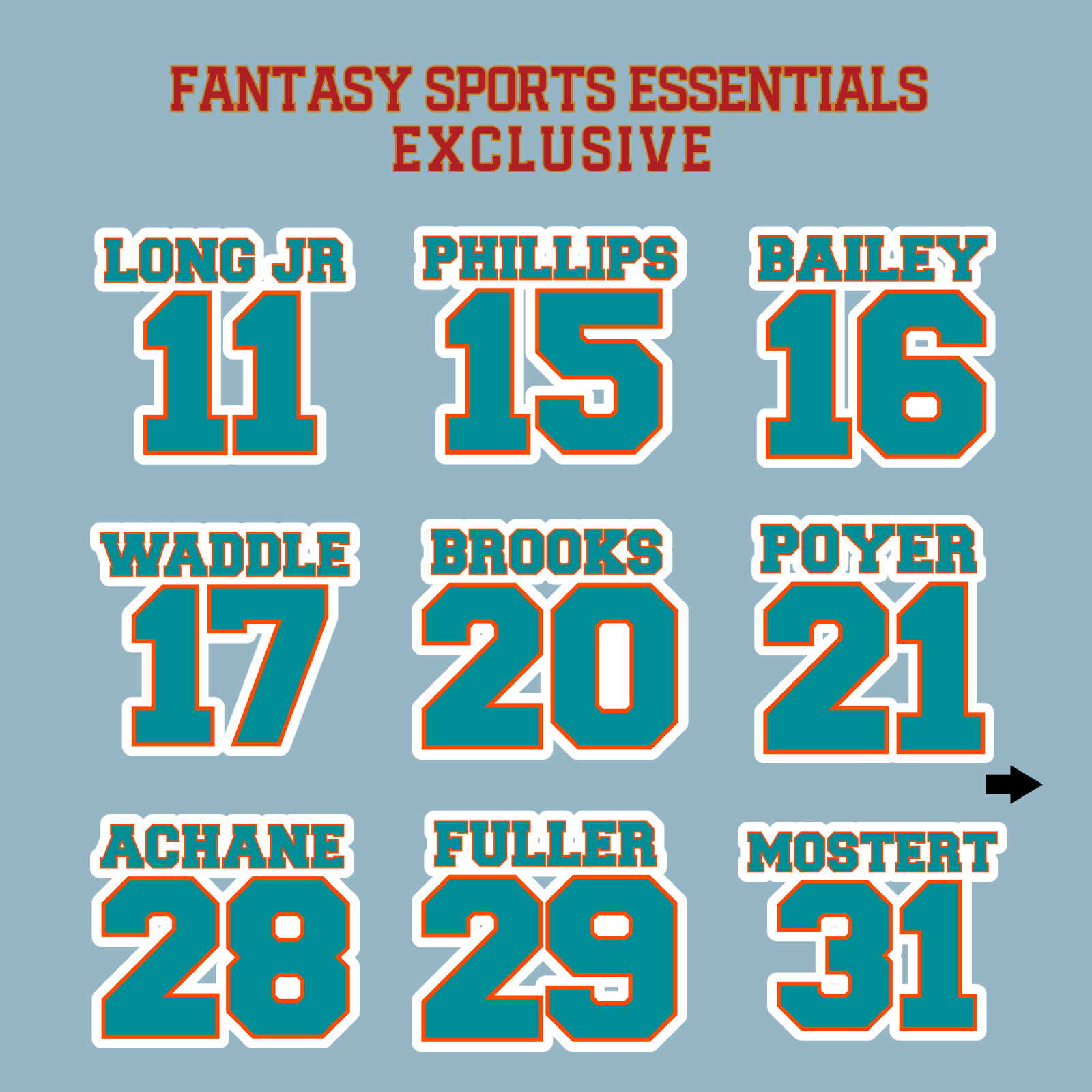 Fantasy Sports Essentials Exclusive Miami Dolphins 2024 Name and Number Matte Stickers Page 2