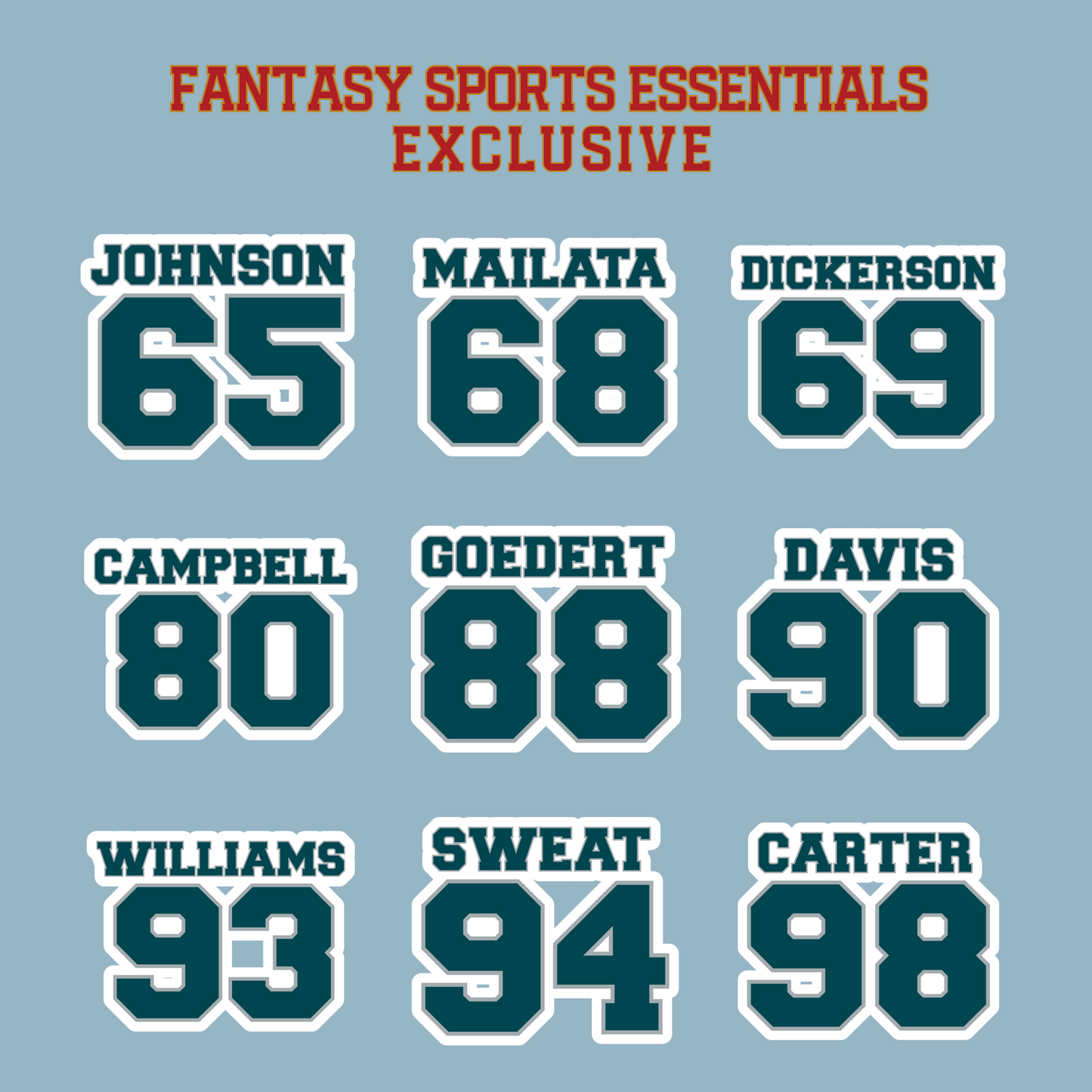 Fantasy Sports Essentials Exclusive Philadelphia Eagles 2024 Name and Number Matte Stickers Page 3