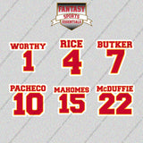 Kansas City Chiefs 2025 Name and Number Glossy Stickers (Choose Your Player) Page 1