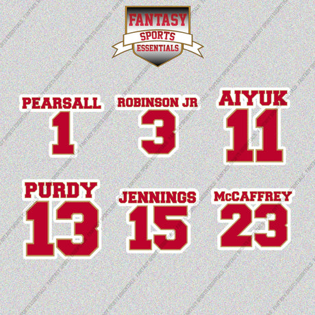 San Francisco 49ers 2025 Name and Number Glossy Stickers (Choose Your Player) Page 1